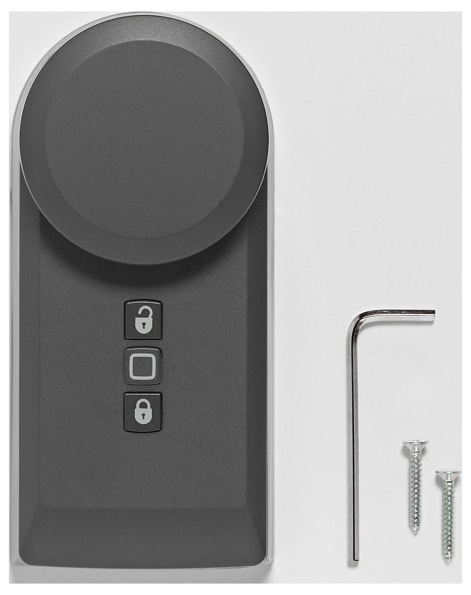 Una serratura nera per porta con tre simboli e accessori: chiave esagonale e due viti. Ideale per l'installazione su porte.