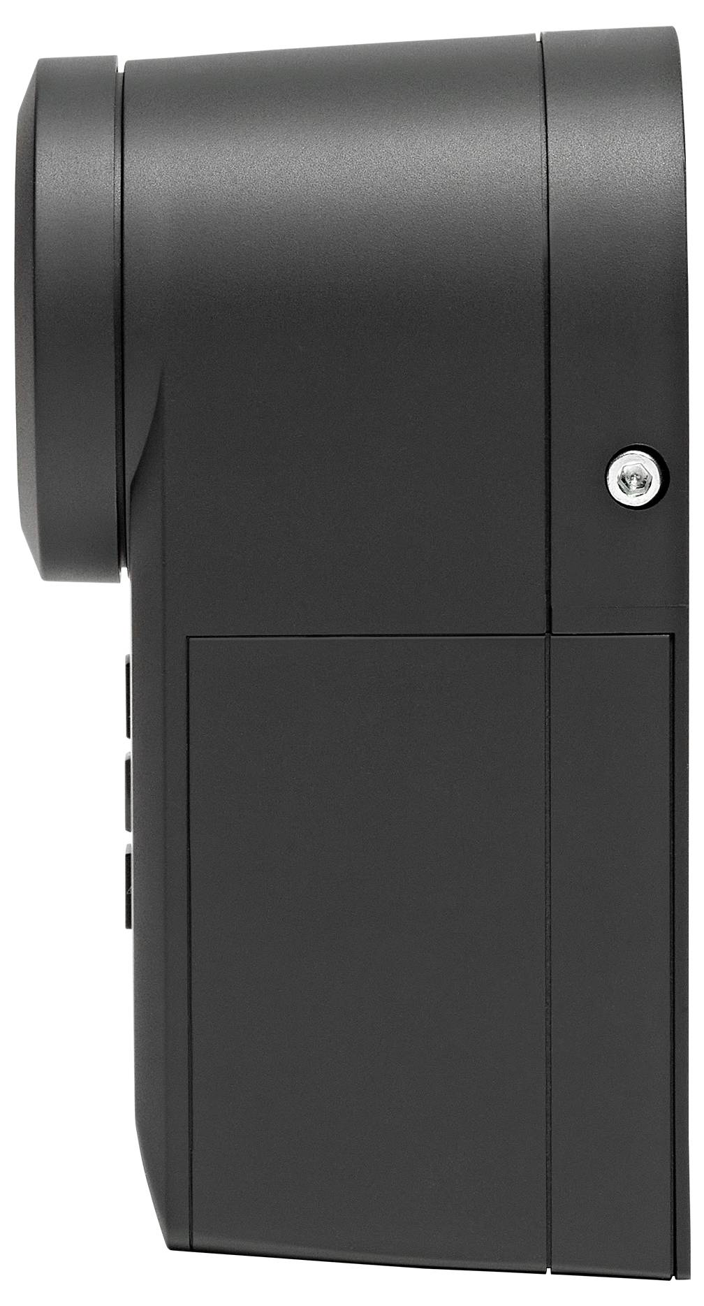 Dispositivo elettronico nero con orientamento verticale e bordi arrotondati, vista laterale.