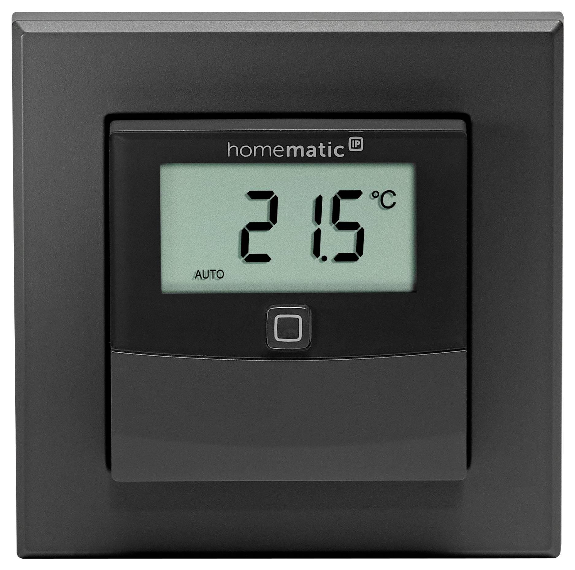 Termostato intelligente mostra 21,5 gradi Celsius in modalità automatica.