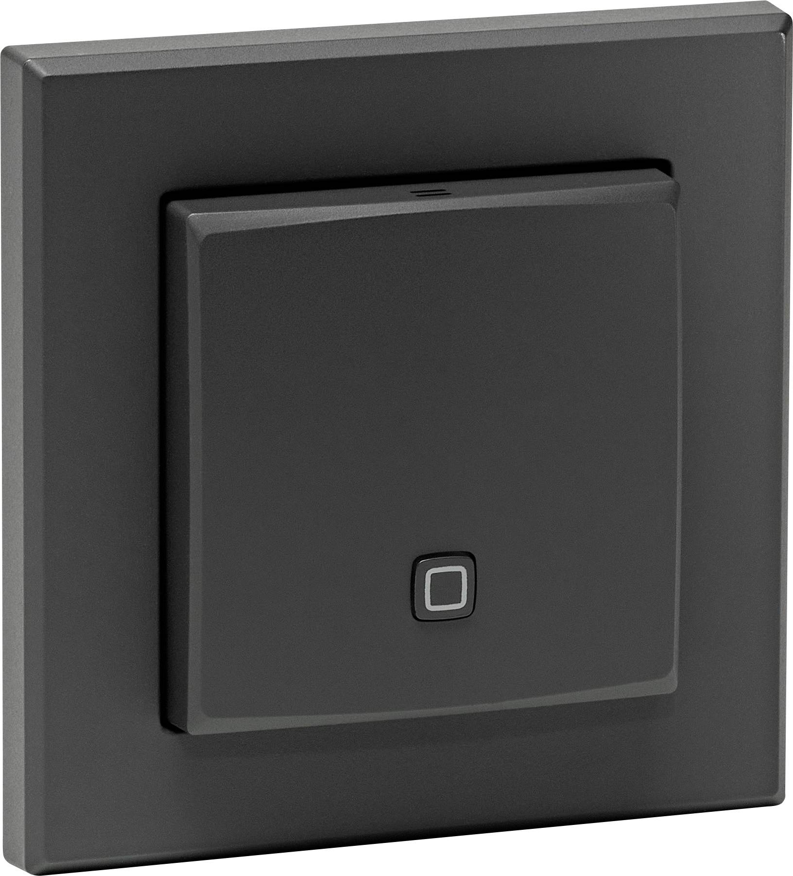 Interruttore della luce nero con design quadrato, posizionato centralmente in una stanza.