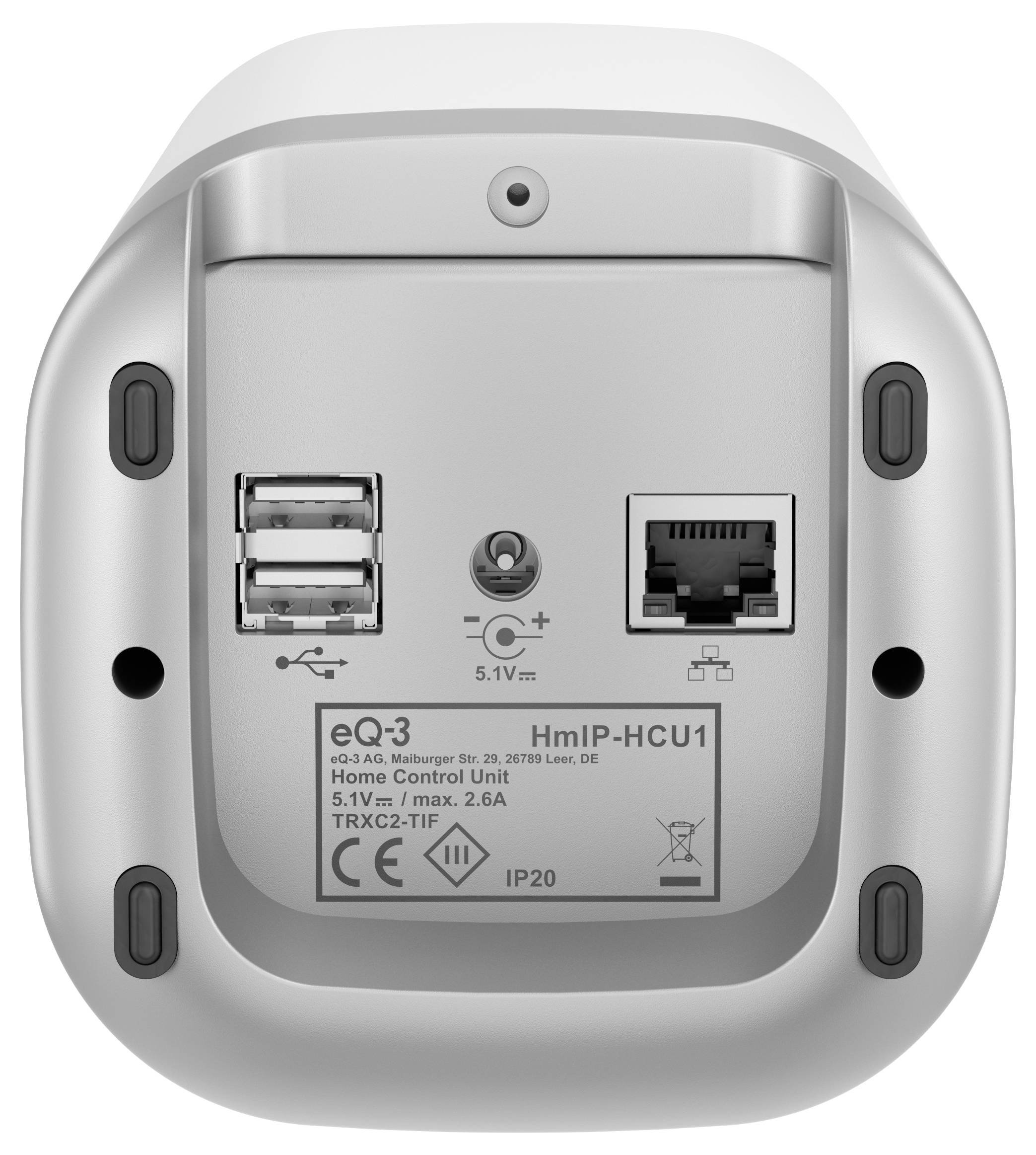 Retro di un'unità di controllo domestico con due porte USB, una porta di rete e specifiche tecniche.