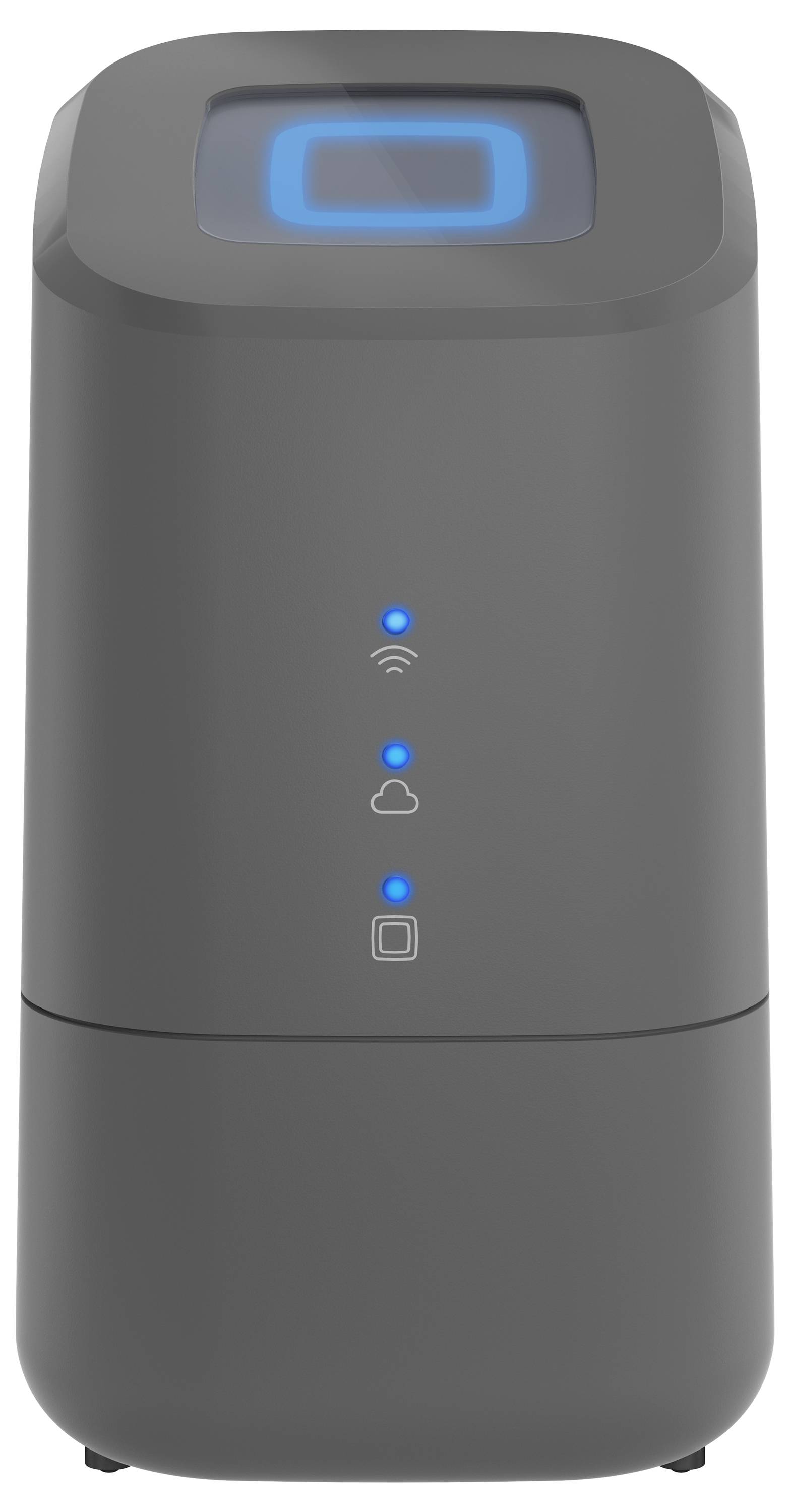 Dispositivo grigio e sottile con tre indicatori LED blu per Wi-Fi, Cloud e batteria. Nella parte superiore, uno schermo illuminato di blu.