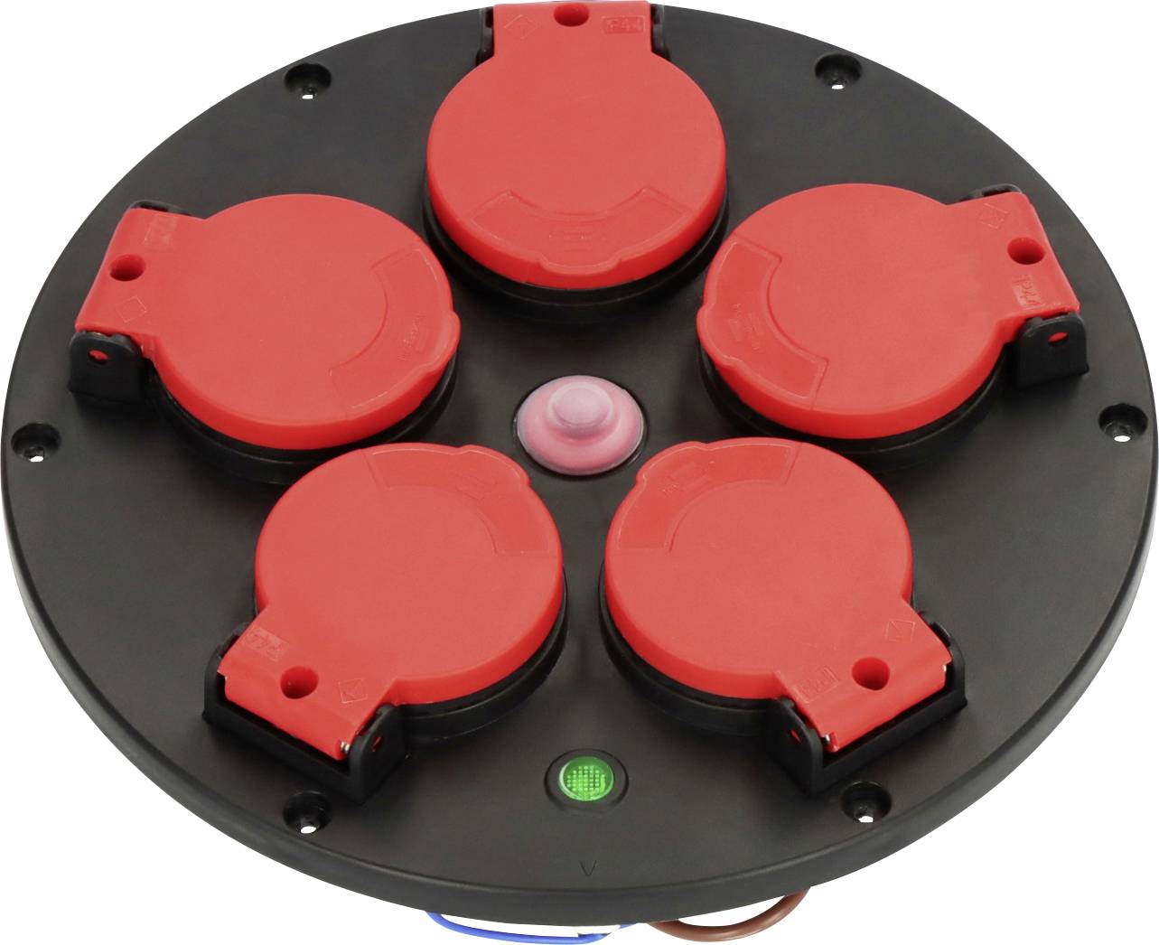 Dispositivo elettrico nero e rotondo con cinque interruttori a coperchio rosso con cerniera, un pulsante centrale rosa e una piccola spia luminosa verde.