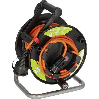 Avvolgitore portatile per prolunghe con cavo arancione su un supporto in metallo nero e maniglia, mostrato avvolto per l'immagazzinamento.