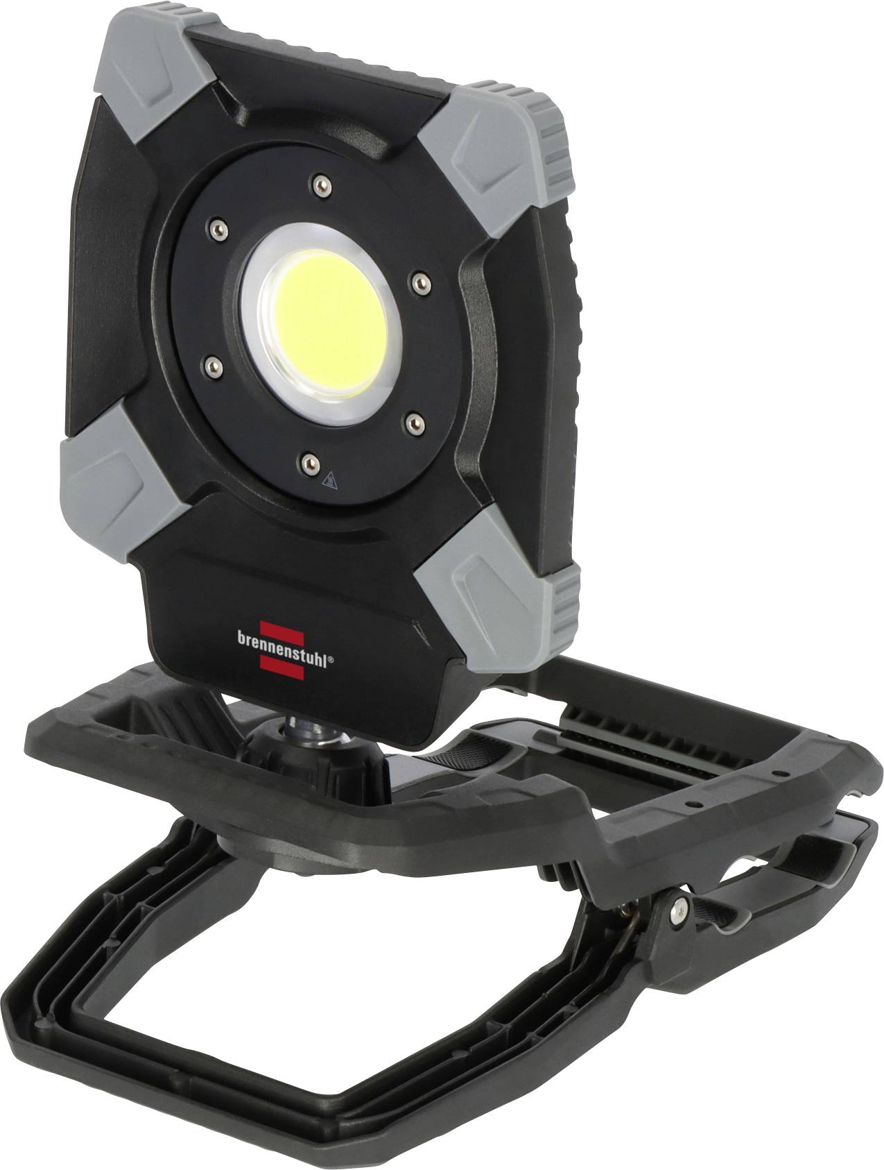 Lampada LED portatile da lavoro con supporto regolabile e maniglia su sfondo bianco