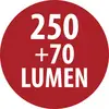 Etichetta circolare rossa che mostra "250 +70 LUMEN" in testo bianco.