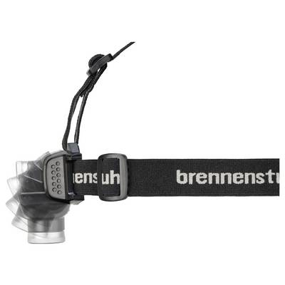Una lampada frontale nera su un cinturino regolabile con il nome del marchio 'brennenstuhl' stampato in bianco.