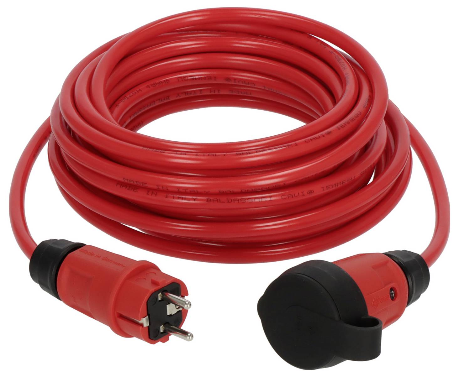 Cavo di prolunga elettrico rosso arrotolato con due spine nere e rosse su sfondo bianco.