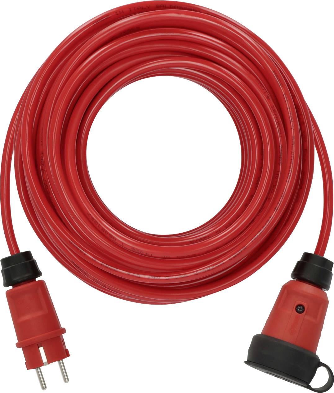Cavo di prolunga rosso arrotolato con spina a due poli su un'estremità e una presa rossa/nera sull'altra estremità, mostrato su uno sfondo bianco.