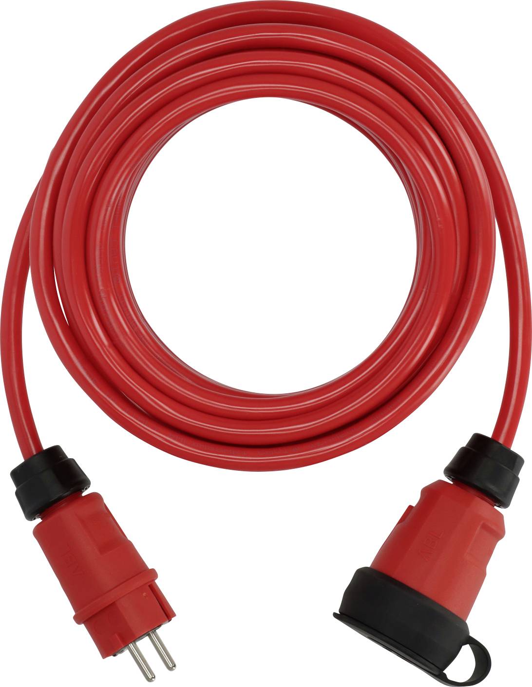 Cavo di prolungamento elettrico rosso avvolto a spirale con due estremità di spina rosso e nero su sfondo bianco.