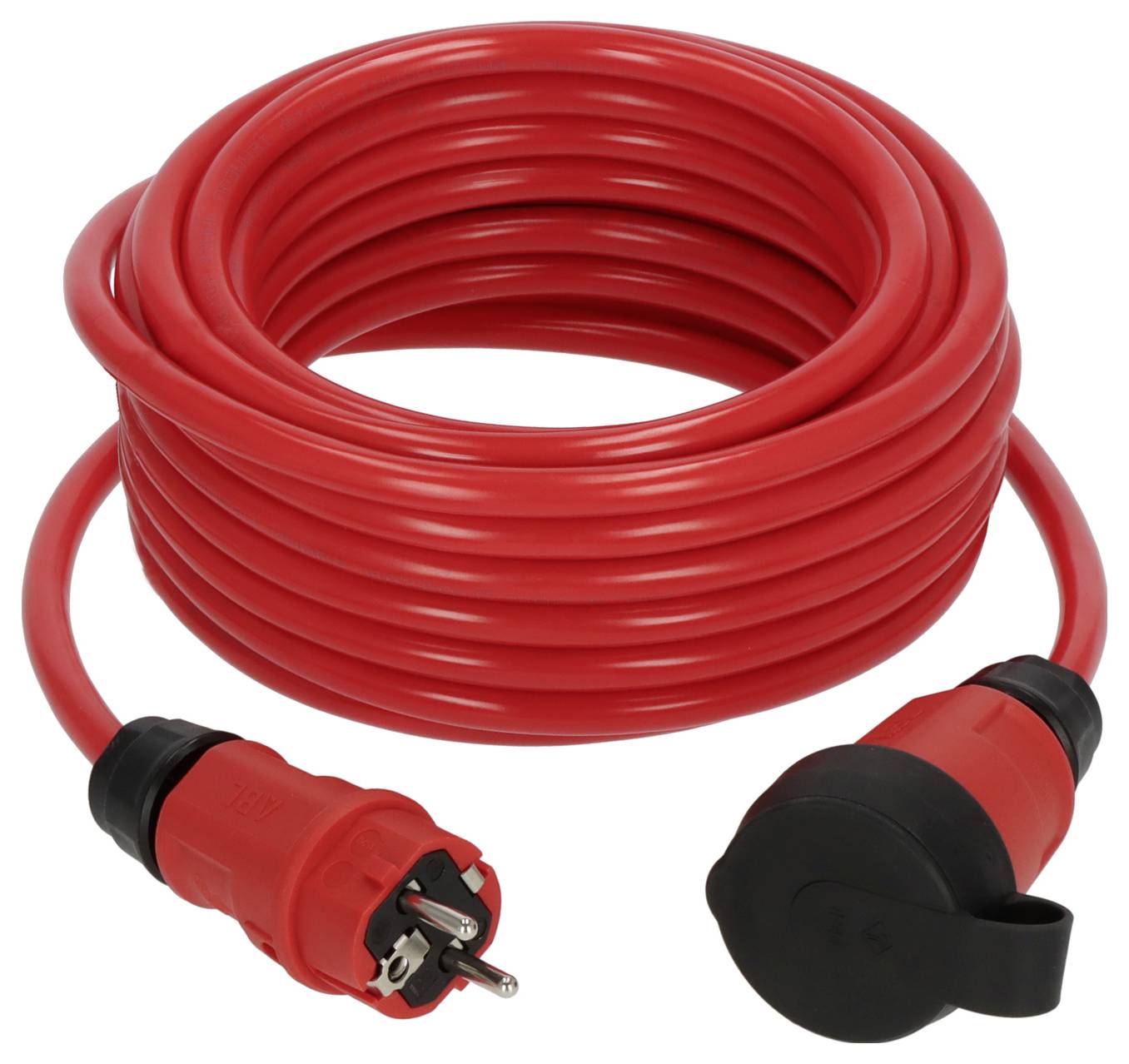 Cavo di alimentazione rosso arrotolato con spina di terra e estremità con presa protetta.