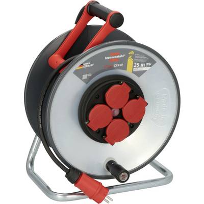 Avvolgicavo portatile con maniglia rossa e quattro prese di corrente, etichettato 'brennenstuhl', '25 m' e 'Made in Germany'.