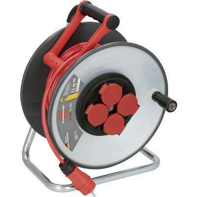 Bobina di cavo rosso su un supporto metallico, con cavo di prolunga arancione avvolto a spire e quattro coperture di presa rossa sulla parte anteriore.