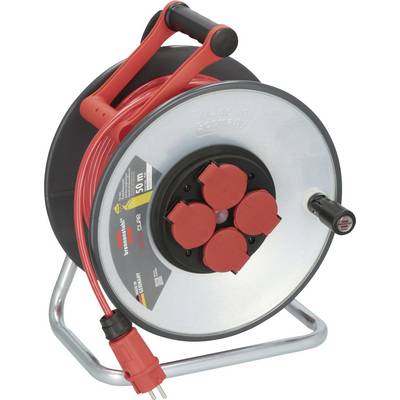 Avvolgicavo portatile su un telaio in metallo con manico rosso e cavo di alimentazione, mostrato con quattro coperchi di prese sulla parte anteriore.