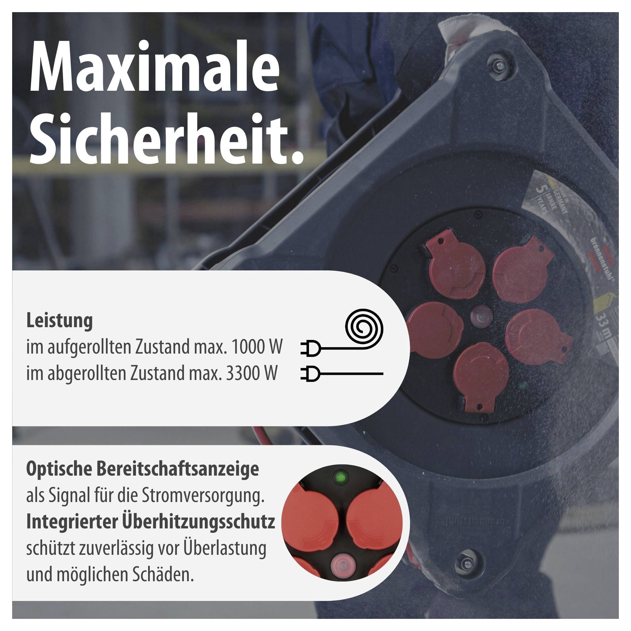 Grafica pubblicitaria per una bobina di cavi: 'Sicurezza massima.' con specifiche di potenza 1000 W avvolto e 3300 W svolto nonché indicatore ottico di standby e protezione dal surriscaldamento.