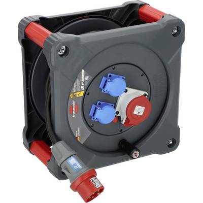 Bobina per cavi industriale portatile con tre prese di corrente: due prese blu e una presa rossa su un alloggiamento nero e grigio, con una spina rossa collegata.