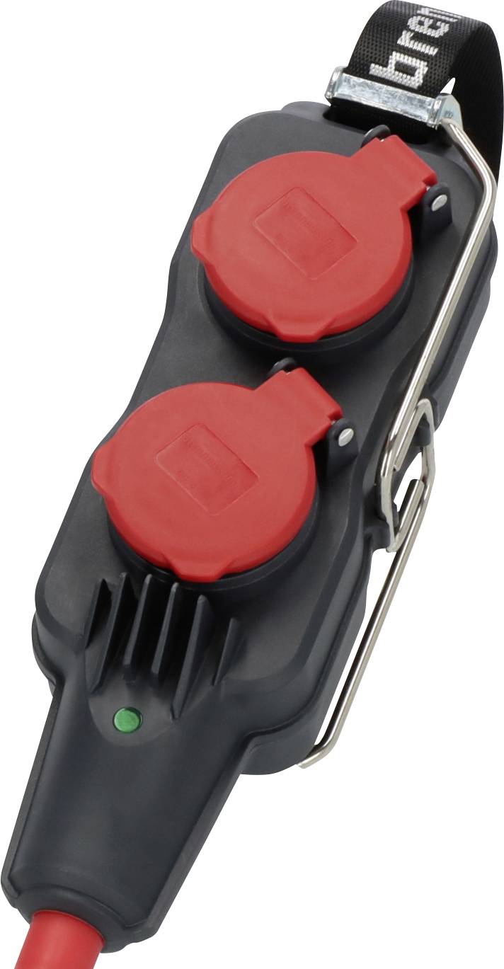 Ciabatta portatile nera con due prese rosse coperte, spalla luminosa verde e cinghia di sospensione su sfondo bianco.