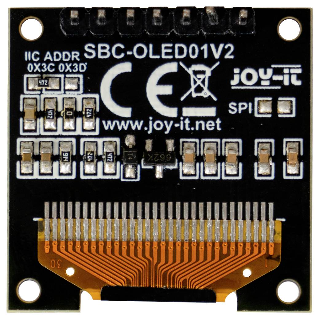 Piccolo modulo display OLED con indirizzo IIC 0x3C 0x3D di Joy-IT, modello SBC-OLED01V2, che mostra circuiti e connessioni.