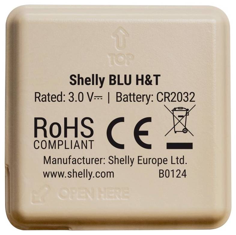 Retro di un dispositivo Shelly BLU H&T: indicazioni su tensione di 3,0 V, batteria CR2032, conforme a RoHS, marchio CE, produttore Shelly Europe Ltd.