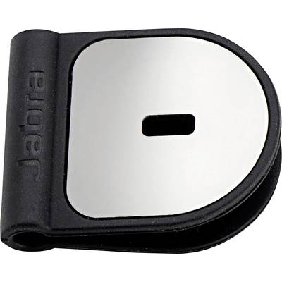 Un clip nero con superficie metallica argentata e uno slot centrale, probabilmente per il supporto di dispositivi wireless.