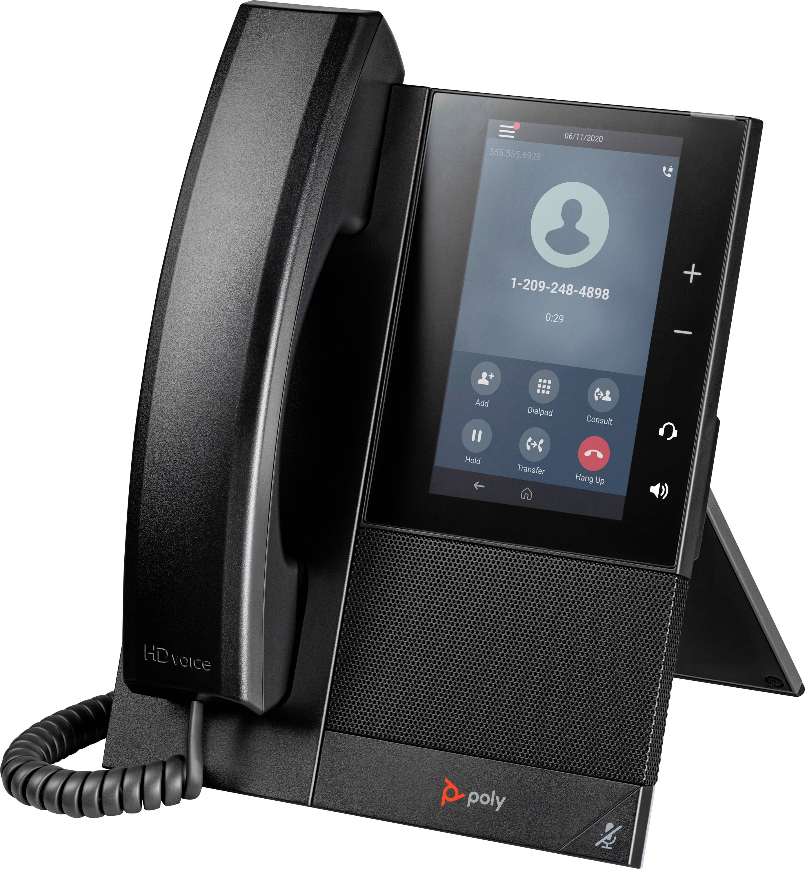 Un telefono da tavolo moderno con touchscreen mostra una schermata di chiamata attiva con il numero di telefono e le opzioni per l'utente.