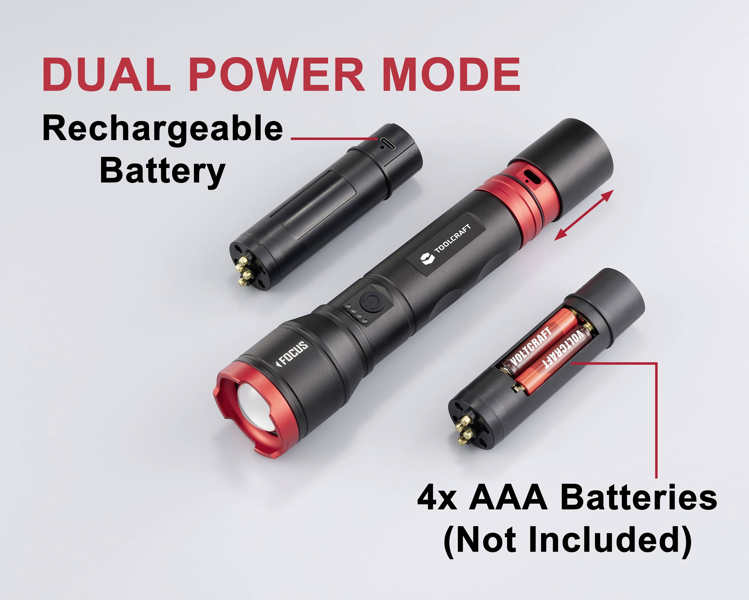 Torcia elettrica con due opzioni di alimentazione: batteria ricaricabile e 4x batterie AAA (non incluse), con tasto di accensione.