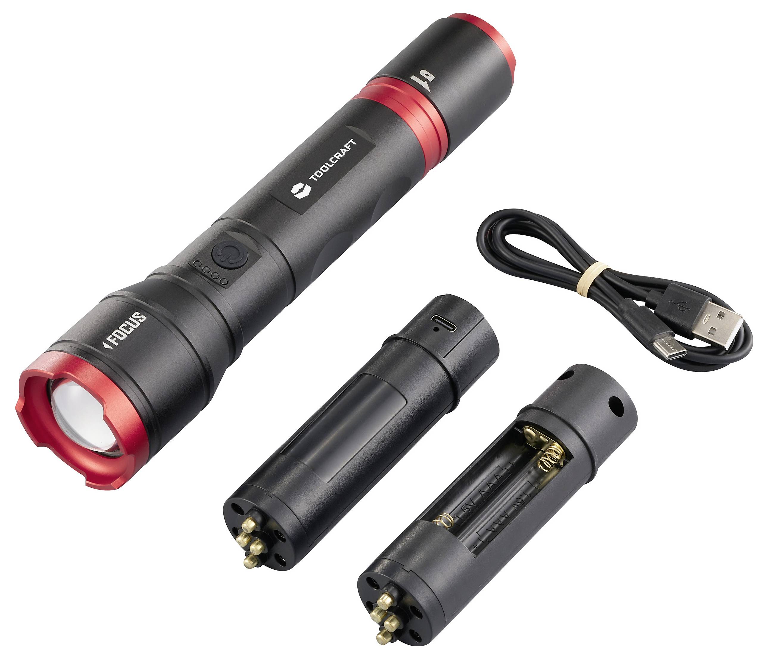 Torcia con due tipi di batterie e cavo USB a lato. Prodotto principale in nero con dettagli rossi, mostra opzioni di alimentazione flessibili.