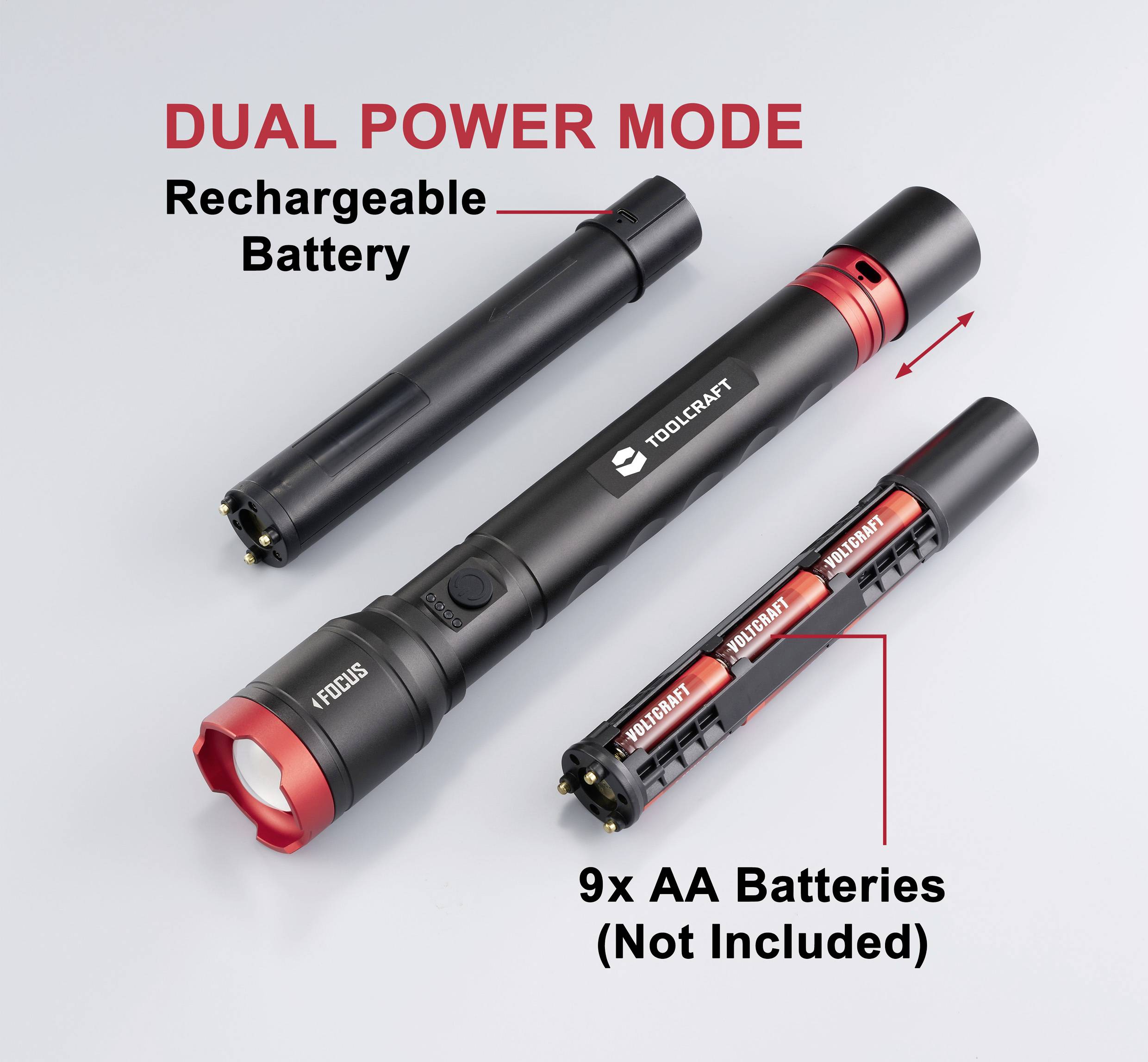 Torcia con 'Modalità Doppia Alimentazione'. In alto: Batteria ricaricabile, in basso: 9x batterie AA (non incluse). Entrambe le opzioni mostrate.