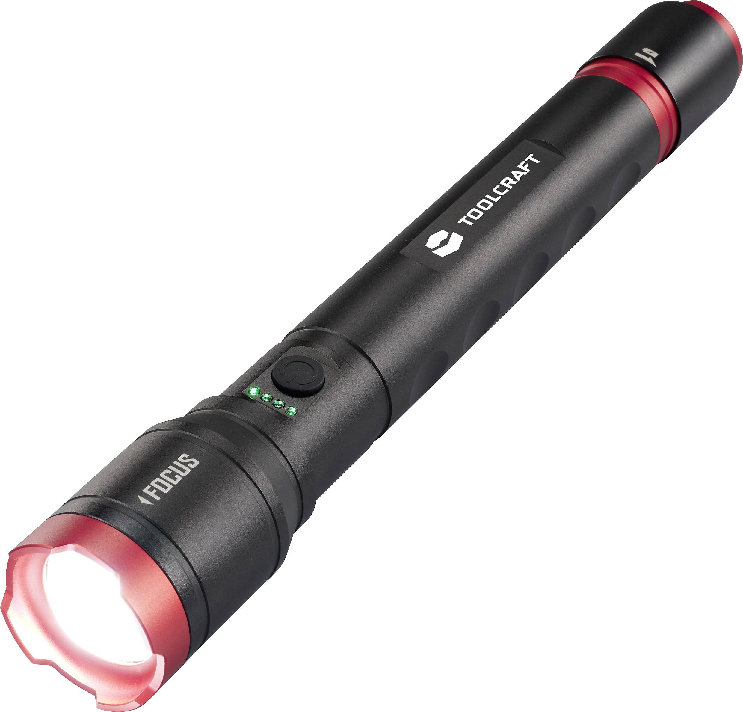 Torcia nera con bordo rosso, logo del marchio e fascio luminoso anteriore.