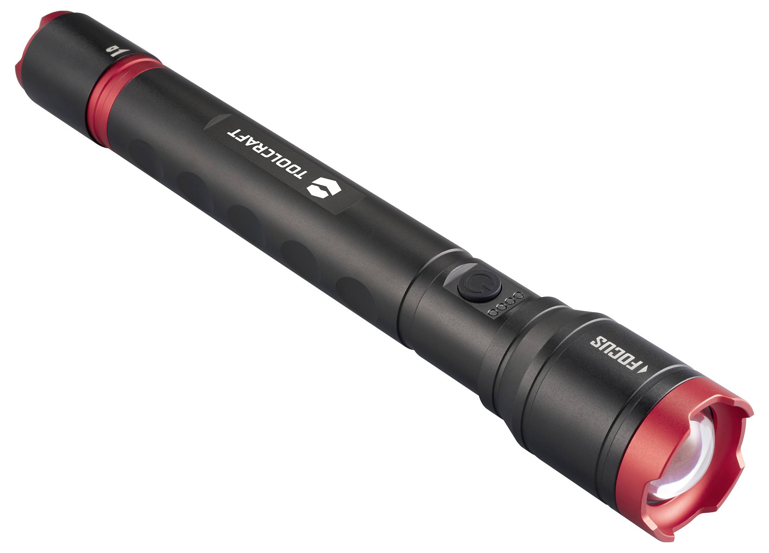 Torcia elettrica nera e rossa dal design metallico con funzione di messa a fuoco, interruttore laterale e scritta 'Focus'.