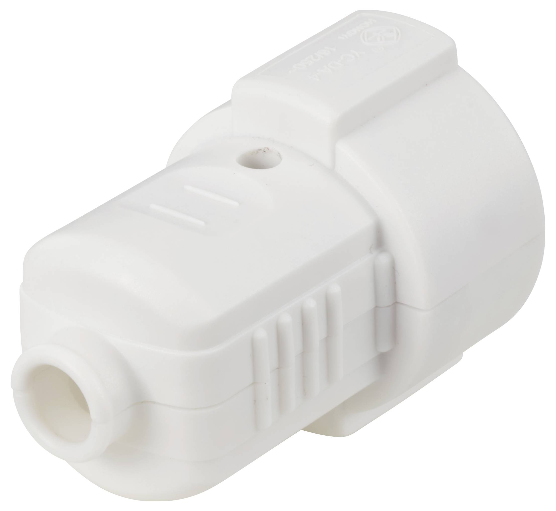 Un adattatore di connessione in plastica bianca, a forma cilindrica con lati scanalati, per applicazioni tecniche.