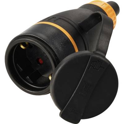 Spina Schuko nera con accenti arancioni e coperchio di protezione, per connessioni elettriche in Europa.