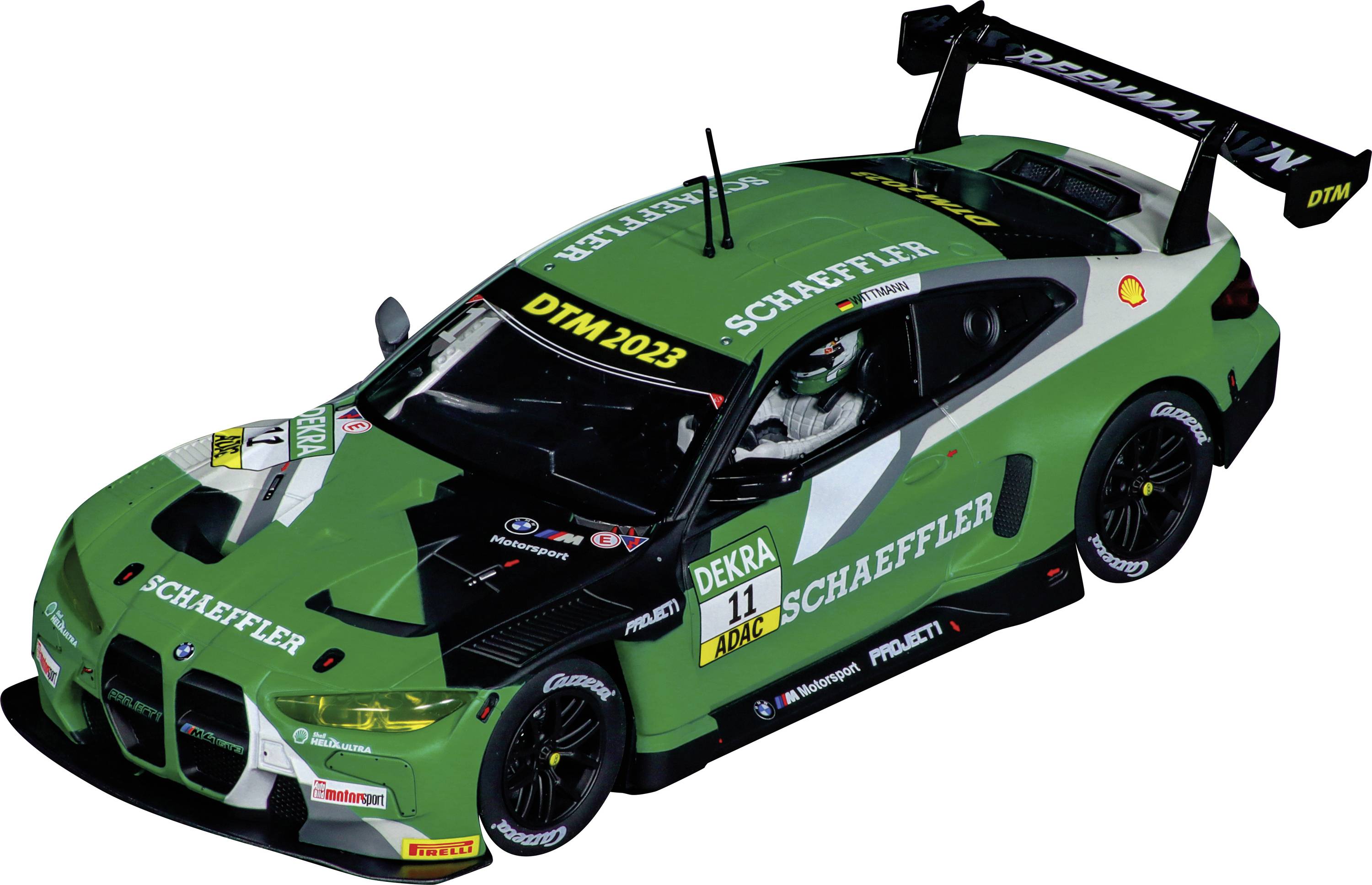 'Auto da corsa DTM verde con scritta "Schaeffler" e "DTM 2023" sul parabrezza. Numero di gara 11, loghi degli sponsor visibili.'