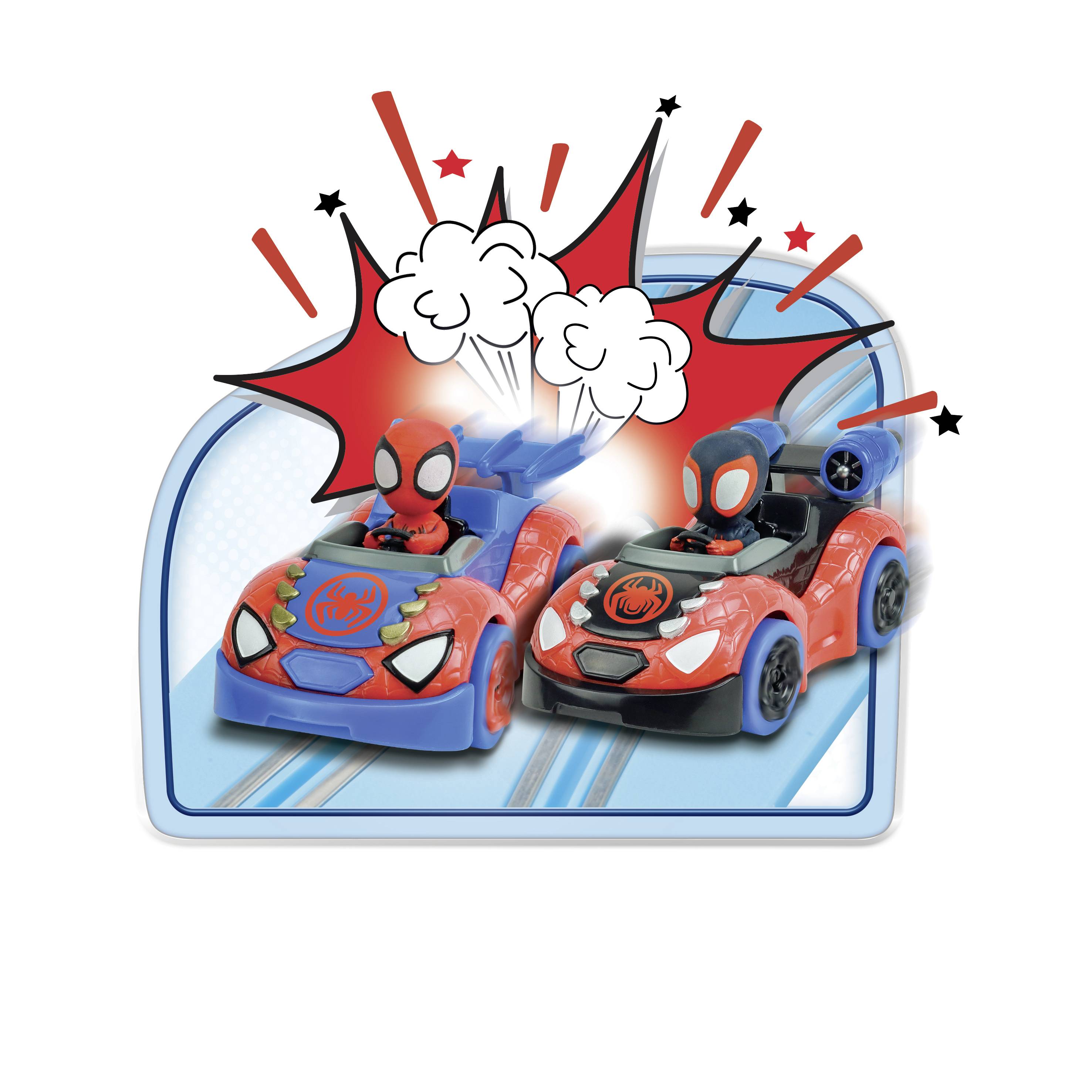Due auto giocattolo a tema supereroi su una pista da corsa. Entrambe le auto hanno colori rossi e blu con effetti illustrati.