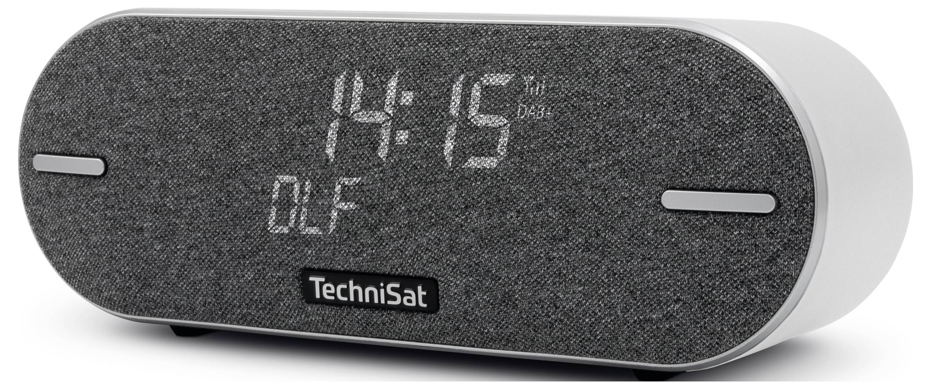 Radiosveglia digitale TechniSat con rivestimento in tessuto grigio e display LED. Mostra l'ora 14:15 e il nome dell'emittente 'DLF'.