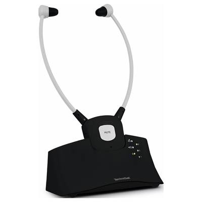 Un sistema di amplificazione uditiva nero wireless con stazione di ricarica. In alto sono posizionate le cuffie, al centro è presente un tasto 'Mute'.