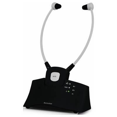 Sistema di cuffie per televisore con stazione base e archetto, adatto per l'ascolto wireless, con controllo del volume e pulsante di muto.