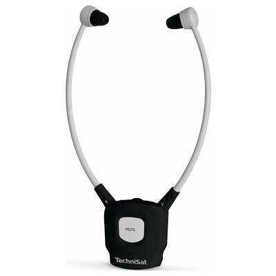 Un set di auricolari in-ear neri con archetto e tasto 'Mute', marca TechniSat. Probabile utilizzo per ricezione audio.