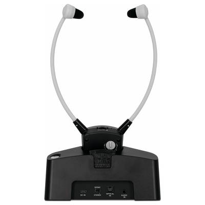 Sistema televisivo wireless per l'udito con ricevitore a sostegno del mento e stazione base, adatto a persone con difficoltà uditive, migliora la qualità del suono e la comprensione vocale.