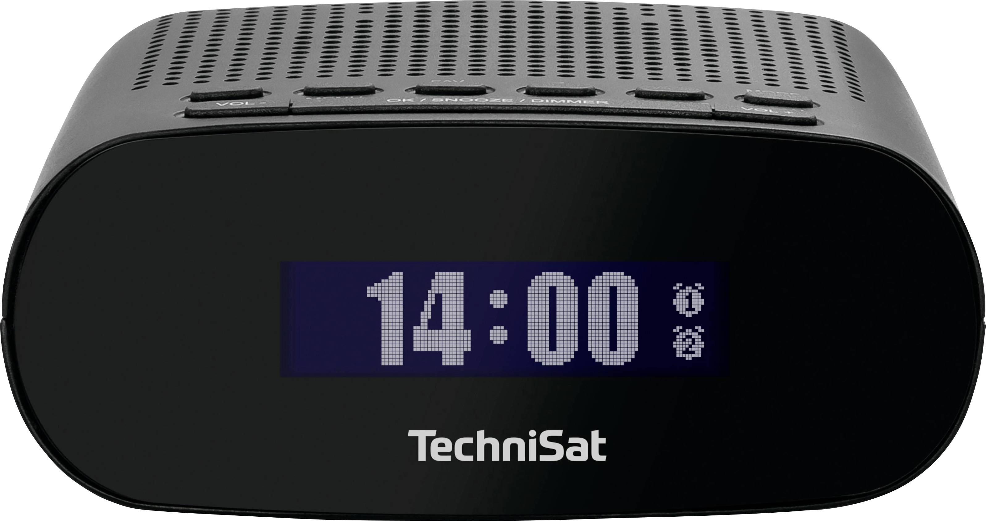 Sveglia radio nera con display blu che mostra '14:00'. Parte superiore con pulsanti di controllo, marchio 'TechniSat' stampato in basso.