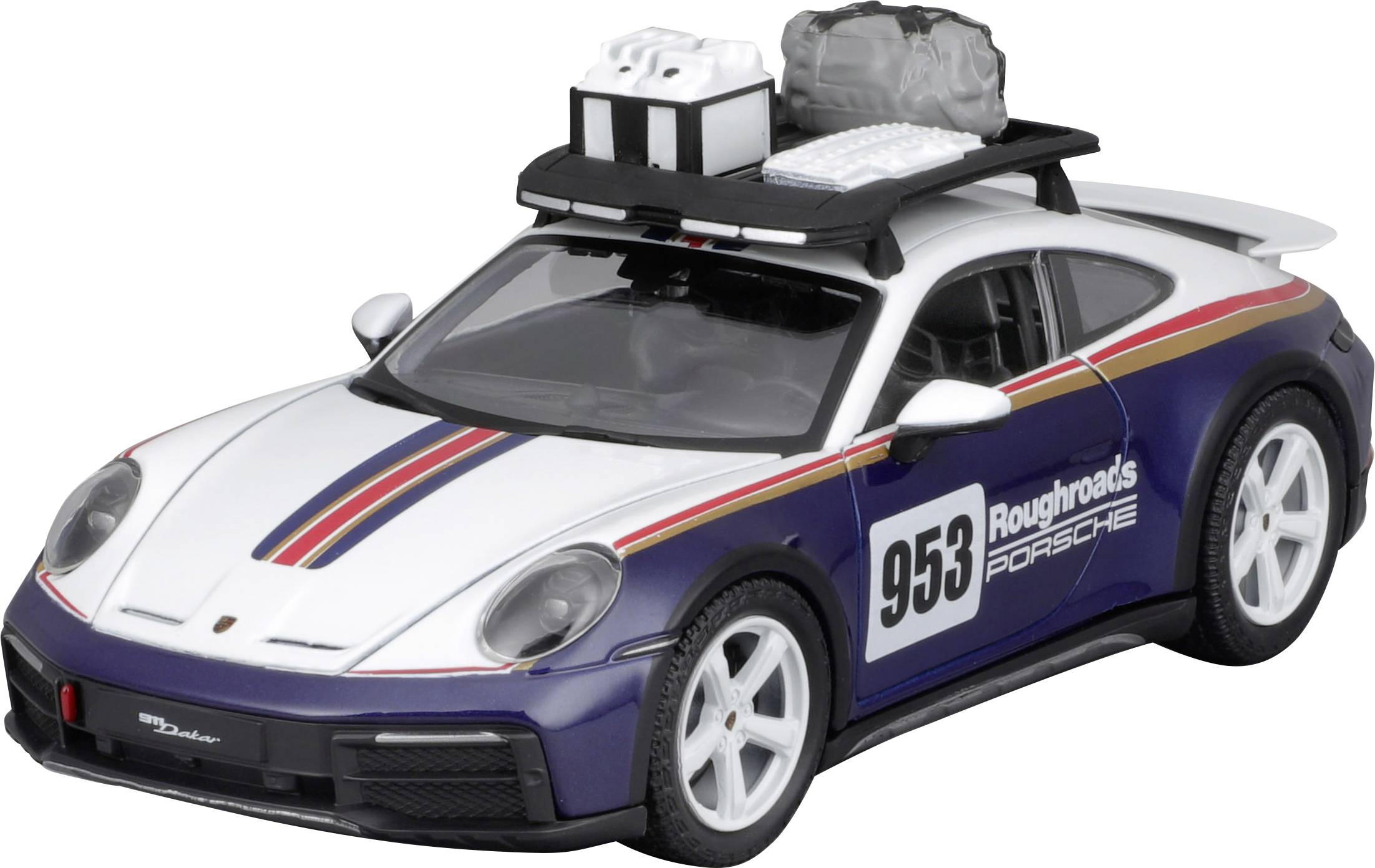 Modellino di un'auto da corsa in stile Porsche, verniciato in blu e bianco con il numero di gara '953' sul lato.