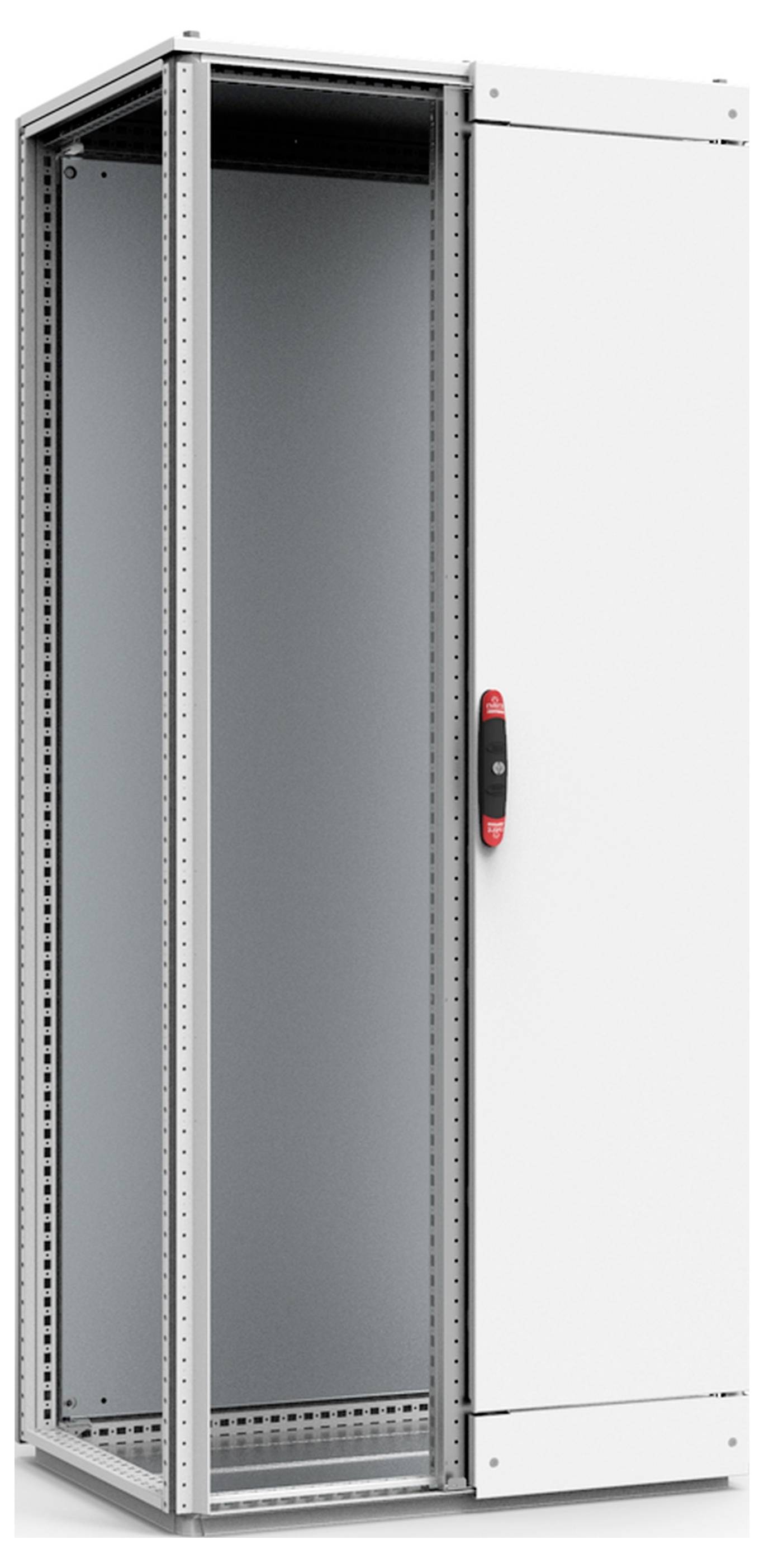 Un armadio server bianco e vuoto con una porta in vetro sul lato sinistro e una porta metallica chiusa sul lato destro.