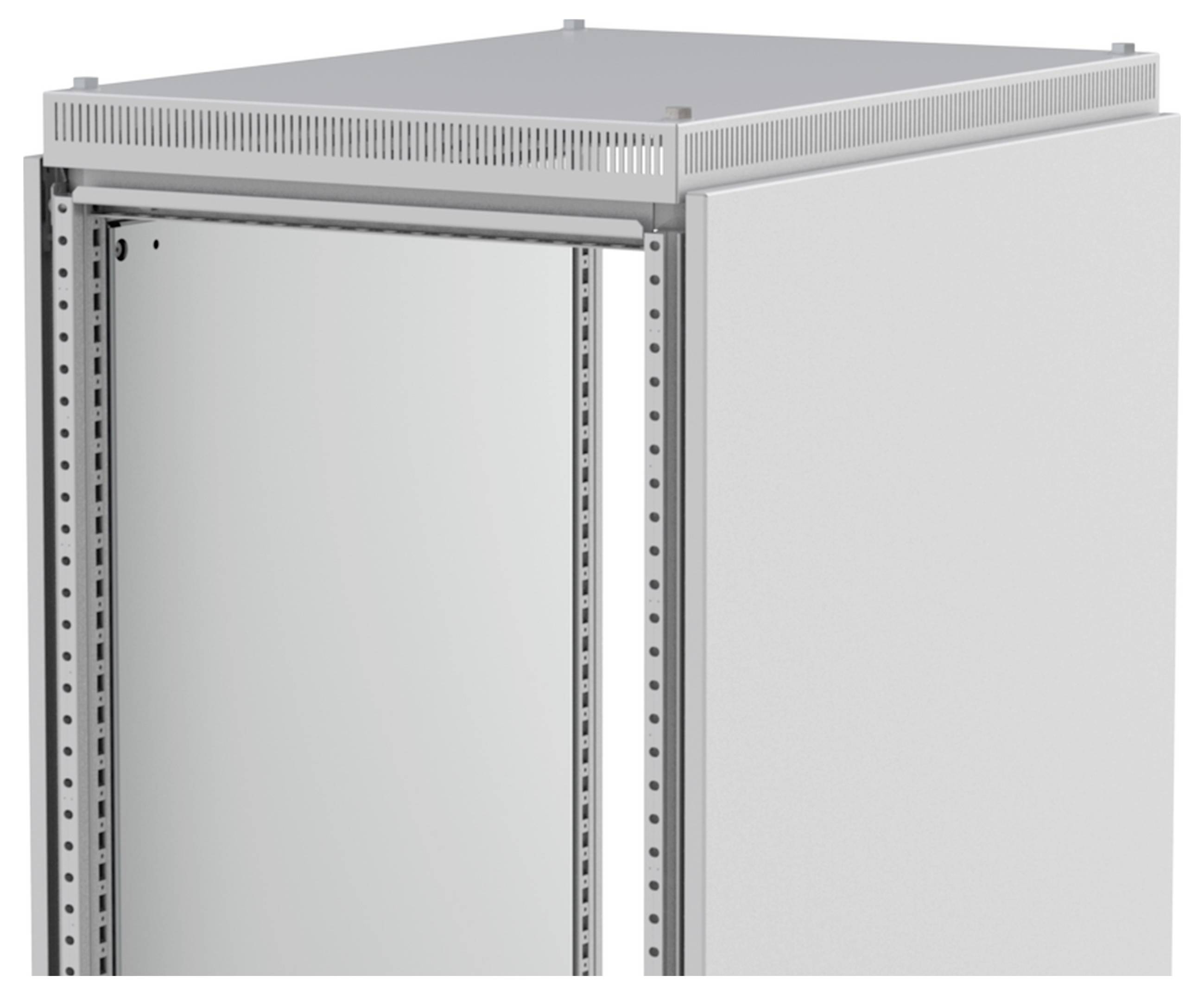 Un telaio metallico grigio di un quadro elettrico con la parte della porta aperta che mostra la struttura interna.