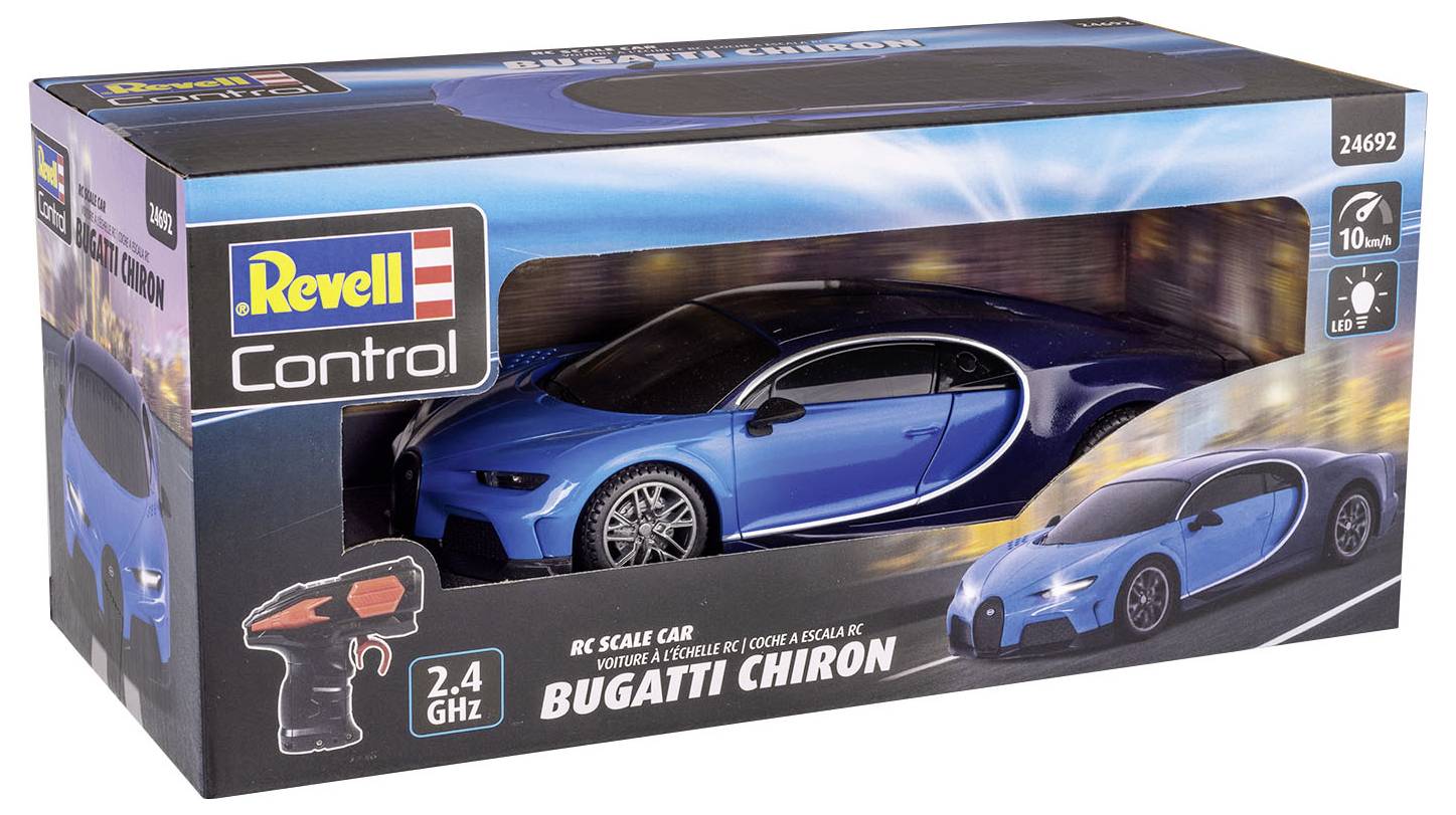 Confezione di un modellino di auto radiocomandata Bugatti Chiron di Revell. Carrozzeria blu, adatto dai 10 anni in su, controllo a 2,4 GHz.