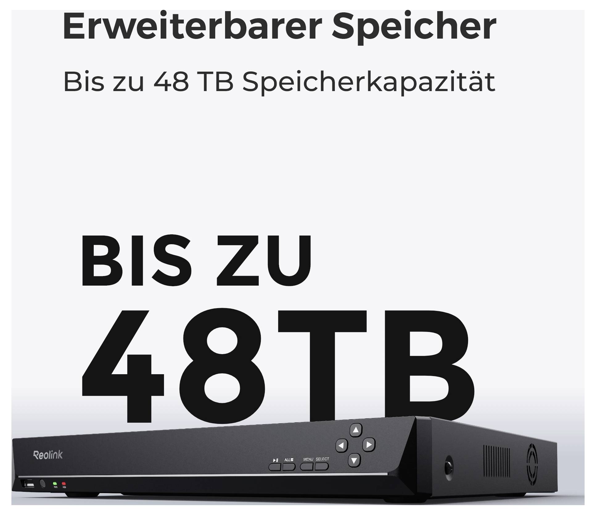 Un dispositivo Reolink è mostrato con il testo che recita 'Memoria espandibile' e 'Fino a 48 TB di capacità di archiviazione' che indica la sua capacità di archiviazione.