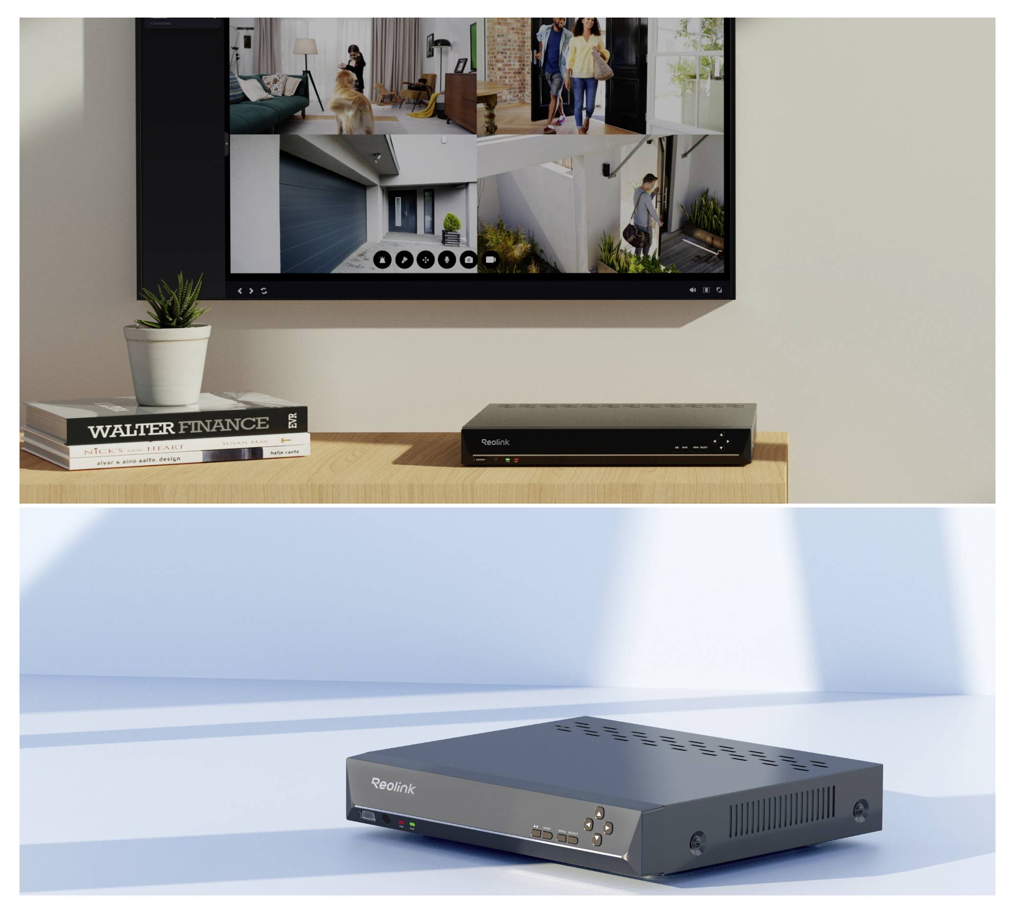 Un allestimento moderno con una TV che mostra un design di interni domestici e un elegante decoder etichettato 'Globalic' su una superficie in legno accanto a dei libri.