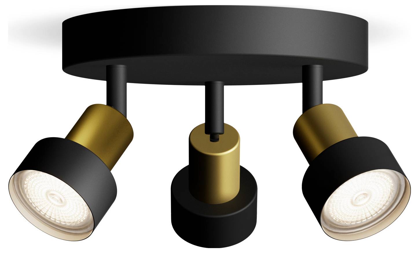 Lampada da soffitto nera con due faretti regolabili in metallo dorato, orientati verso il basso.