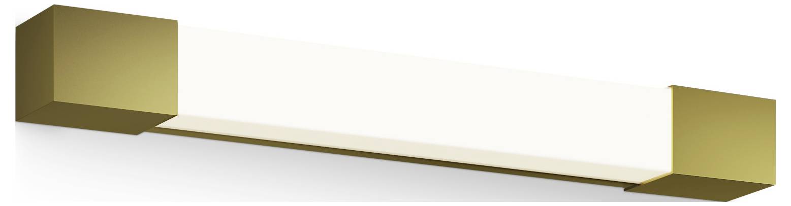 Applique rettangolare con terminali dorati e una striscia centrale di luce bianca.