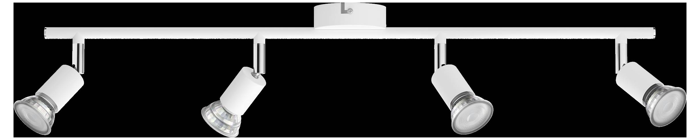 Set di faretti da soffitto a quattro bracci bianchi con spot regolabili per un'illuminazione mirata.
