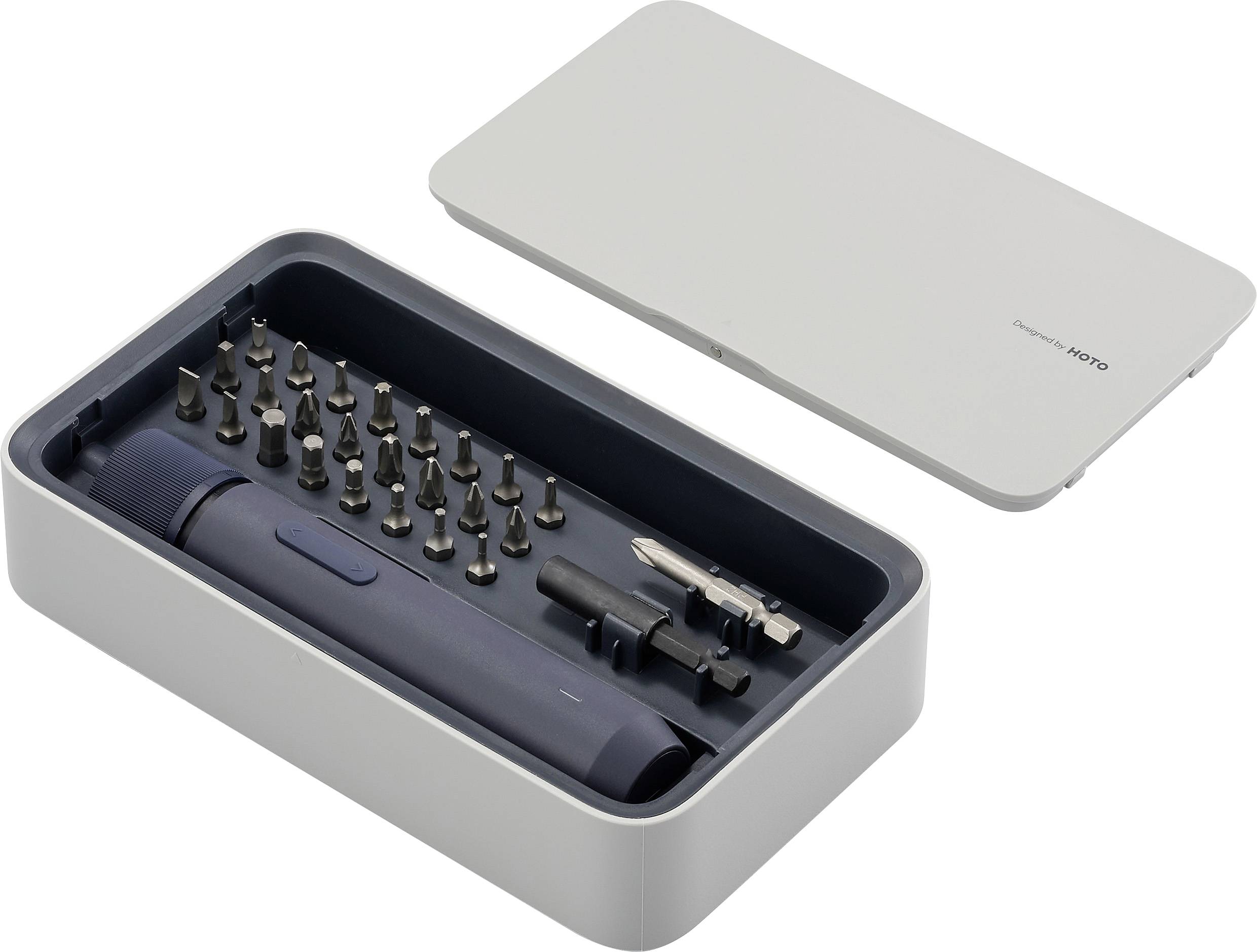 Un set di cacciaviti d'argento con teste magnetiche in un astuccio aperto. Comprende un manico e numerosi inserti di varie dimensioni.